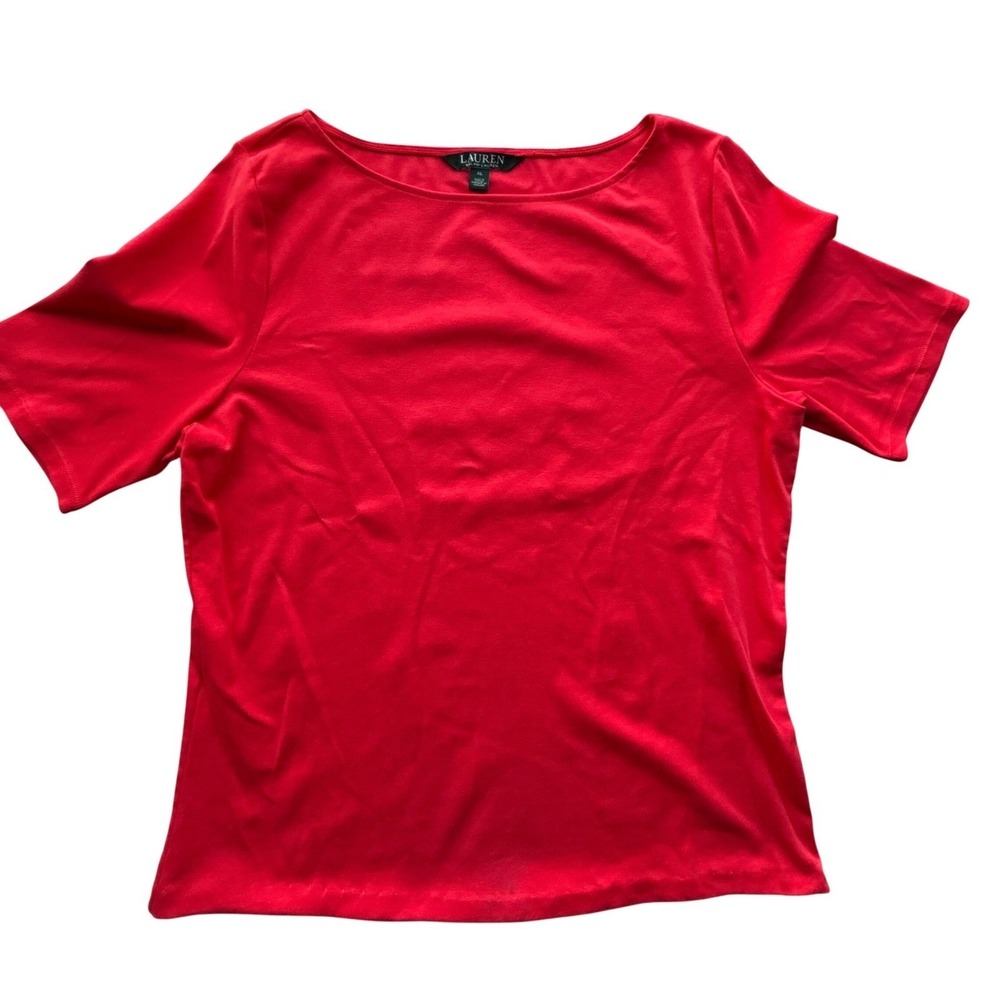 Lauren Ralph Lauren XL Womens Red Boat Neck Short Sleeve Top LRL Monogram resort